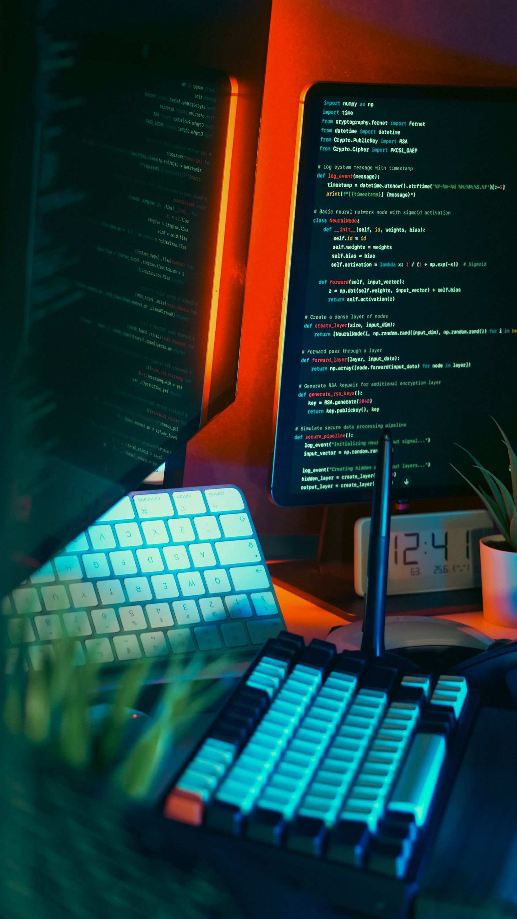 Hands typing on a keyboard while working on software with illuminated keyboards and screens displaying code